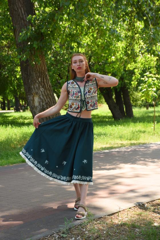 Спідниця одностороння з вибійкою "ластівки", зелена, довжина 75 см Спідниця одностороння з вибійкою "ластівки", зелена, довжина 75 см