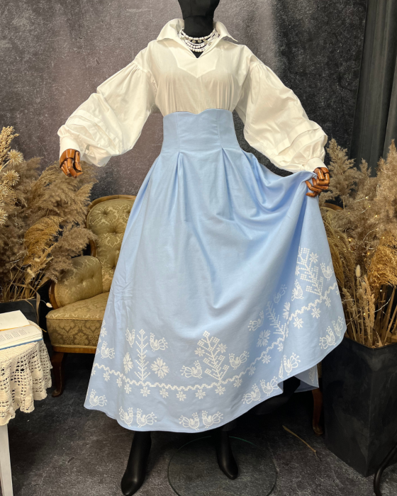 Спідниця двостороння з високим корсетним поясом з вибійкою, блакитна/чорна (Індивідуальне пошиття)