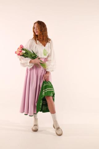 Спідниця двостороння з високим корсетним поясом з вибійкою, рожева/зелена (Індивідуальне пошиття)